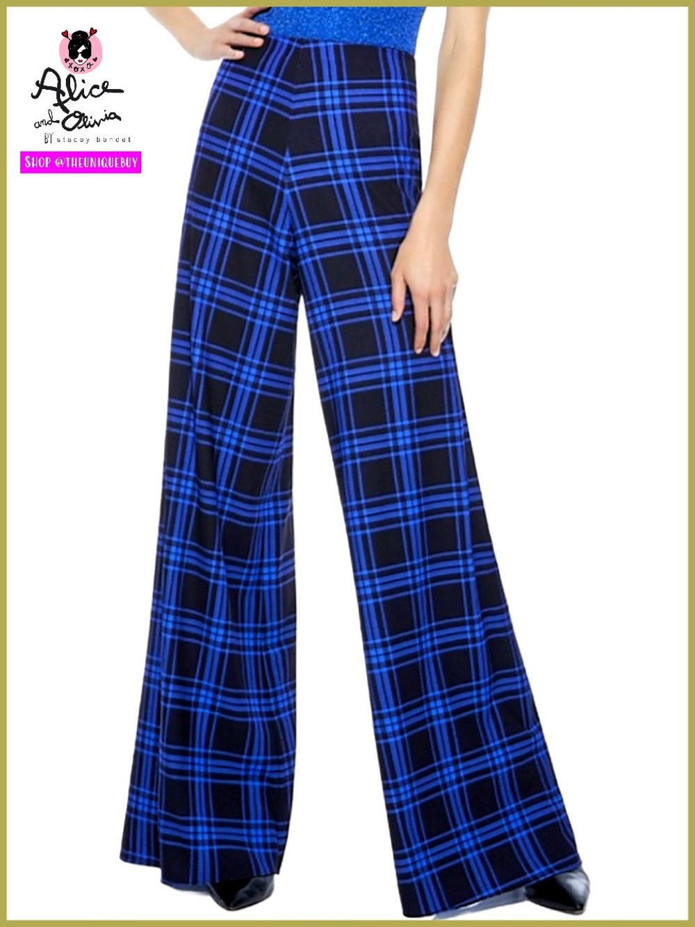Alice + Olivia Athena Blue Black Alpine Plaid Wide Leg Pant